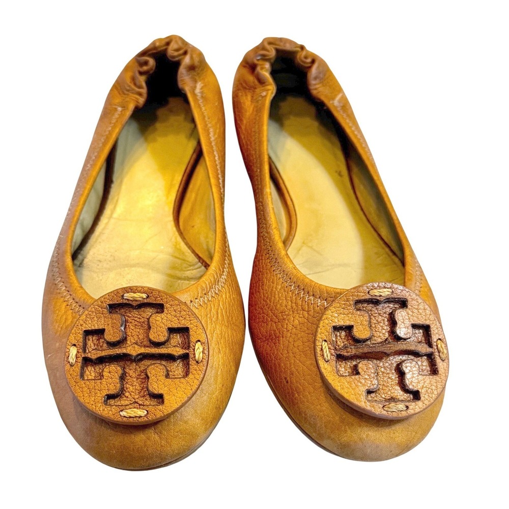 Tory Burch Minnie Travel Ballet Flats Tan Pebbled Leather Logo Medallion‎ Shoes